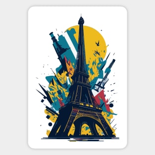 Vibrant illustration of chaotic debris around the Eiffel tower Magnet